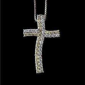Sterling Silver Shiny Clear Yellow CZ Wavy Cross Pendant Necklace